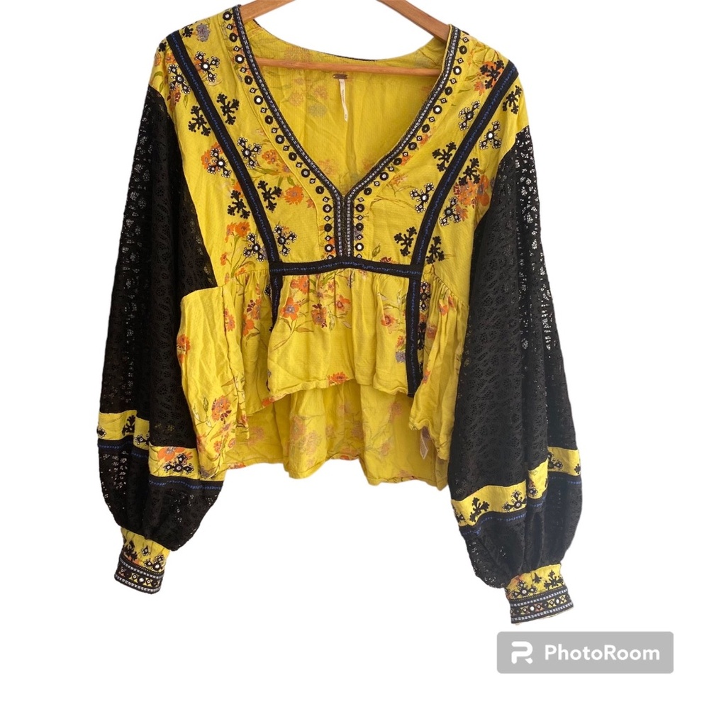 Free People Boogie All Night Top Yellow Black Lace Sleeve MEDIUM Puff Sleeve